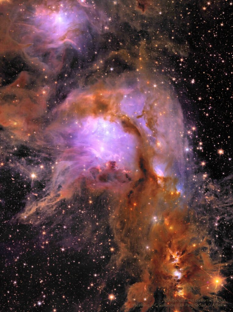 رنگ بنفش در مرکز M78 ناشی از غبار تیره است که نور آبی ستارگان داغ و جوان را منعکس می‌کند.