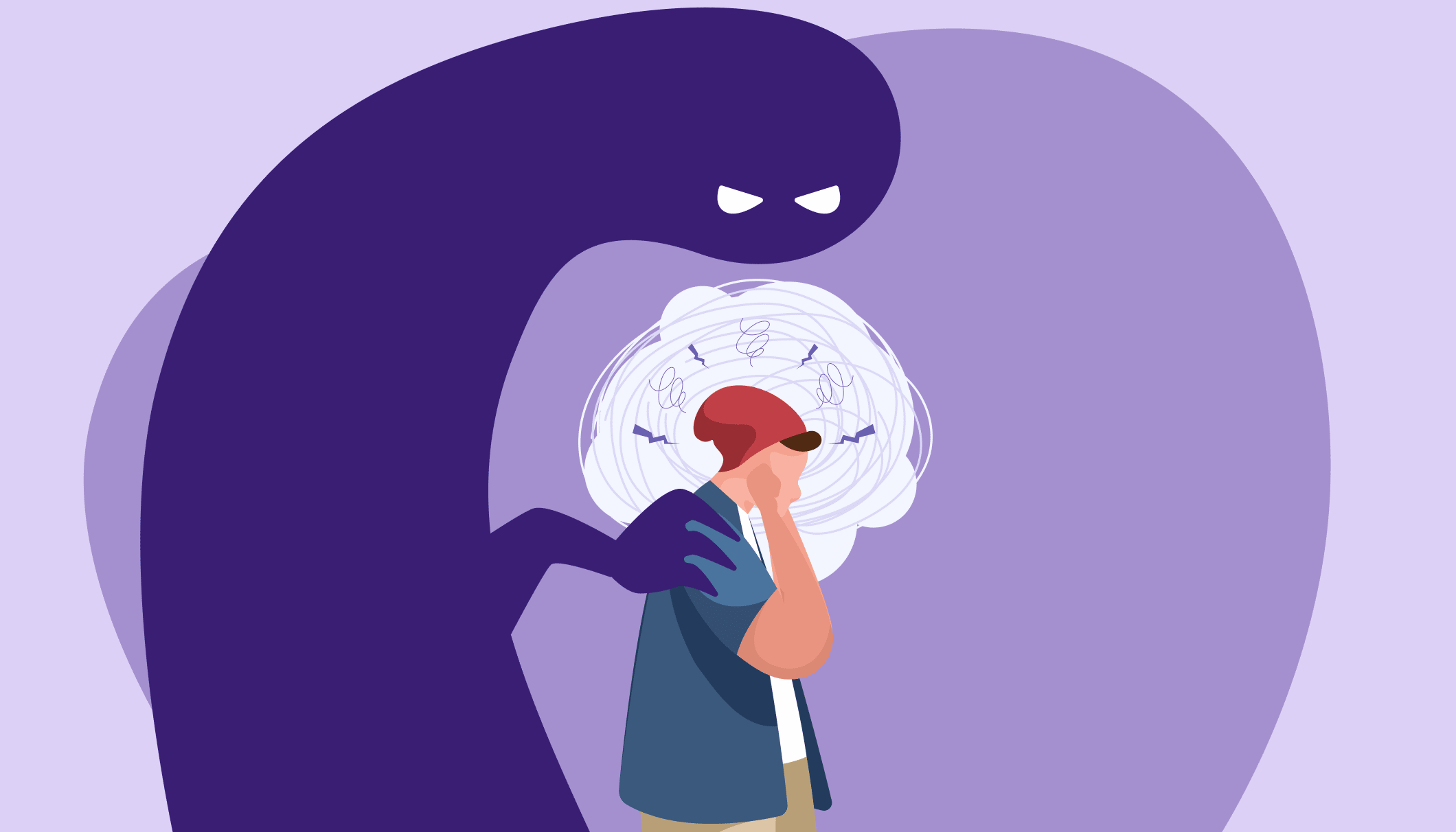 ۱۰ تکنیک روانشناسی برای کنترل سریع هراس از آینده_دریای تکنولوژی 29 شبح ترسناک پشت سر مرد کارتونی