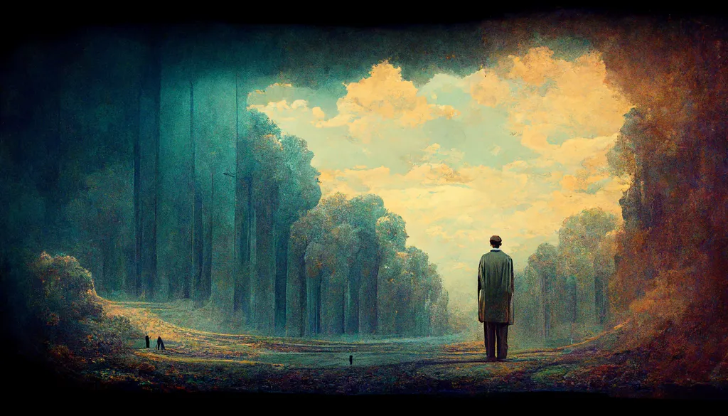 مقصد از خلقت انسان چیست؟_دریای تکنولوژی 22 مرد در نمای نقاشی درختان سبز پاییزی و آسمان